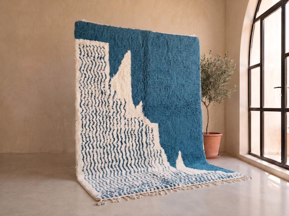 Teal Blue & Ivory Beni Ourain Rug - Handmade Moroccan Wool Rug - Organic Abstract Berber Area Rug for Living Room | Afrikesh.