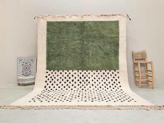 Handmade Green Beni Ourain Rug: Moroccan Berber Wool Carpet