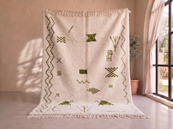 Tribal Olive Green Area Rug - Handmade Moroccan Wool Rug - Diamond Berber Ivory Rug for Bedroom | Afrikesh