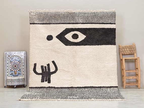 MOROCCAN FLOOR ART, Beni Ourain Interior Design, Soft Black & White Rug, Handmade Custom Wool Rug, Striped Area Decor, Durable Berber Carpet