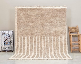 Sandy Beige Striped Beni Ourain Rug - Handmade Moroccan Wool Rug - High Pile Ivory Berber Area Rug for Living Room | Afrikesh