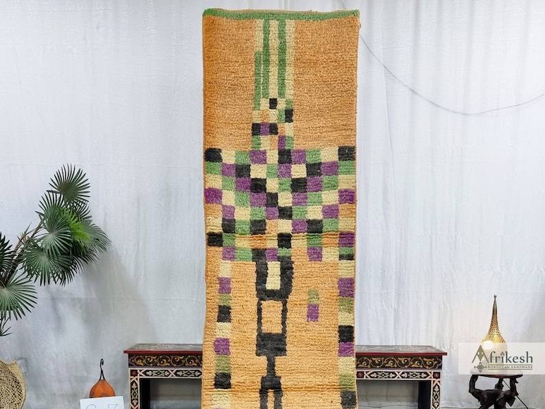 PRETTY BOUJAAD RUG, Moroccan Runner 2x11, Checkered Rug, Berber Rug, Large Orange and Purple Runner, Wool Rug, Handwoven Rug - Afrikesh Rug - One Side Fringes.
Pile Height: 1.5 cm-0.59 inches.