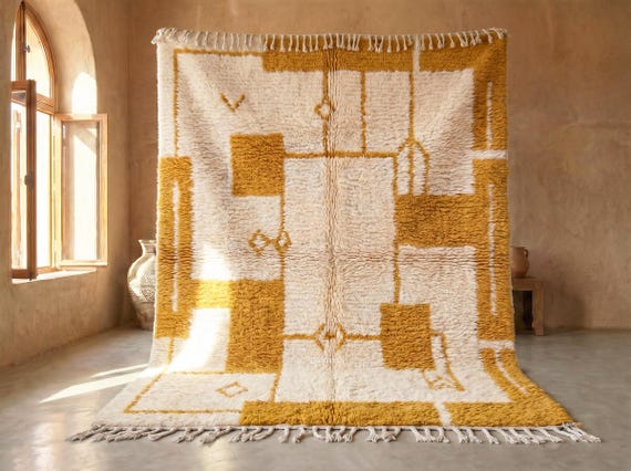 Mustard and White Beni Ourain Rug - Handmade Moroccan Wool Rug - High Pile Abstract Berber Area Rug for Living Room | Afrikesh