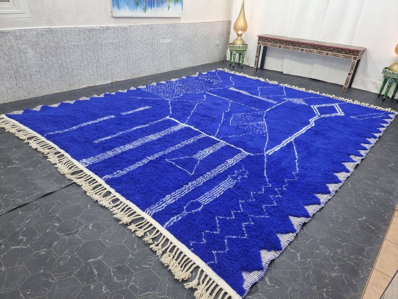 CUSTOM BENIOURAIN CARPET, Moroccan Handmade Rug, Royal Blue And White Rug, Abstract Rug,Handmade Wool Carpet,Azilal Berber Rug,Handwoven Rug image 4