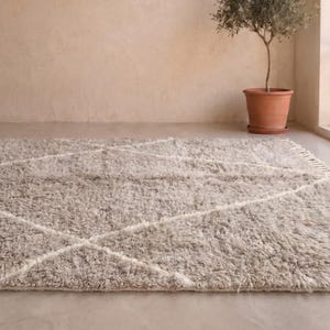 May include: A rectangular area rug featuring a thick, shaggy pile in a neutral beige tone. The rug is decorated with a subtle, large-scale diamond pattern formed by thin, white lines woven into the texture, finished with short fringe at the ends.
