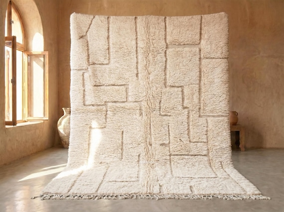 Geometric Ivory Beni Ourain Rug - Tufted Moroccan Wool Rug -  High Pile Carved Berber Area Rug for Living Room and Bedroom | Afrikesh