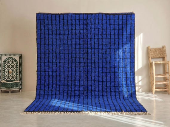PRETTY BERBER CARPET, Handmade Moroccan Rug, Grid Beni Ourain Rug, Blue & Black Wool Rug, Shaggy Custom Area Rug, Home Depot Rugs.
