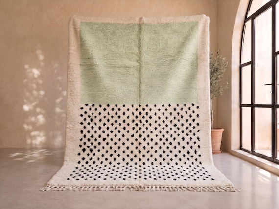 Dotted Sage Green & Ivory Beni Ourain Rug - Handmade Moroccan Wool Rug - Color Block Berber Area Rug for Living Room or Bedroom | Afrikesh