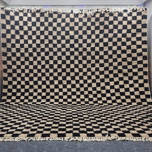 CUSTOM BENIOURAIN CARPET, Moroccan Handmade Rug, Biege And Black Rug, Checker Rug, Handmade Wool Rug, Azilal Berber Rug, White And Beige Rug