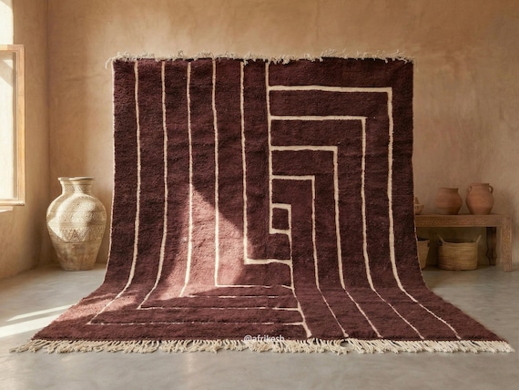 SHAG CARPET, Beni Ourain Moroccan Rug, Striped Brown Rug, Tufted Area Rug, Custom Berber Carpet, High-Quality Wool Rug, Luxuriously Soft Rug