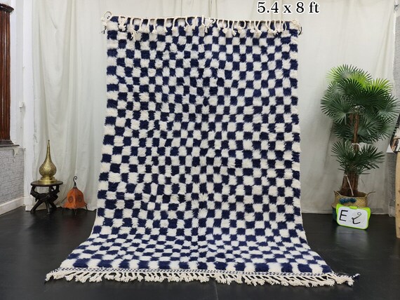 Beni Ourain Rug - Checkered Rug- Moroccan White and Dark Blue Carpet- Handmade Authentic Carpet- Sheep Wool Rug- Berber Rug- Tapis Marcaine