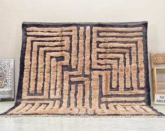 Alfombra Mrirt hecha a mano 8x9, Alfombra marroquí negra y marrón, Alfombra berber decorativa, Alfombra de lana touffete a mano.