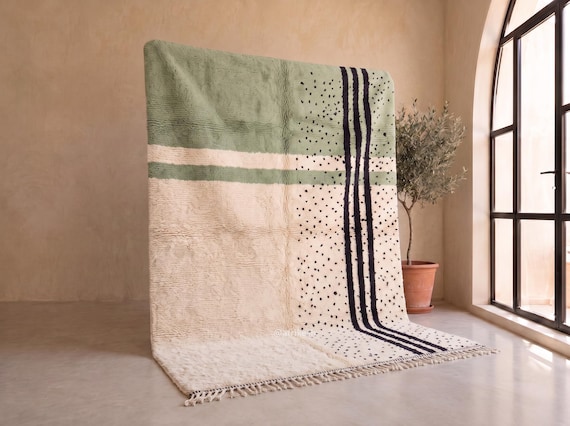 Sage Green Beni Ourain Rug - Ivory Wool Berber Rug Handmade in Morocco - Plush Dotted Striped Area Rug for Bedroom | Afrikesh