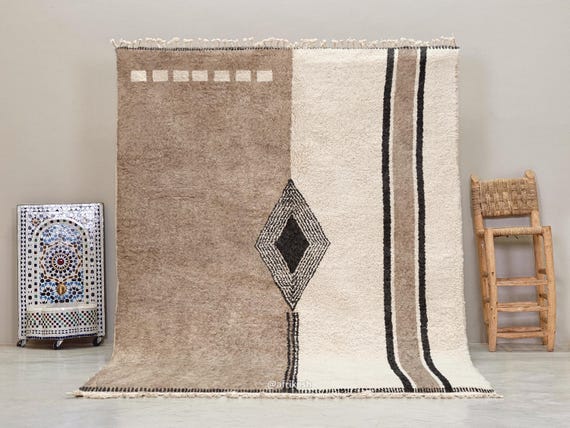 CONTEMPORARY BERBER RUG, Neutral Beige & White Design, Artisan Made Moroccan Carpet, Custom Beni Ourain Rug, Geometric Wool Area Rug.