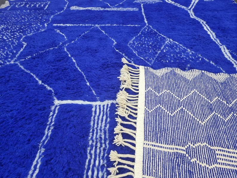 CUSTOM BENIOURAIN CARPET, Moroccan Handmade Rug, Royal Blue And White Rug, Abstract Rug,Handmade Wool Carpet,Azilal Berber Rug,Handwoven Rug image 9