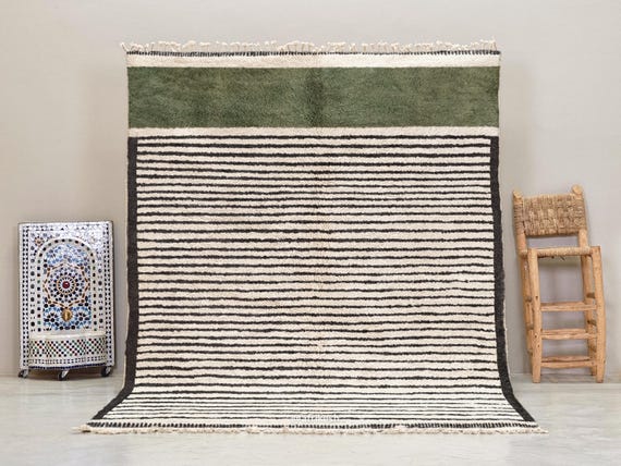BENI OURAIN RUG, Handcrafted Moroccan Rug, Green & Black Wool Carpet, Striped Berber Rug, Decorative Area Rug, Custom Made for Your Space