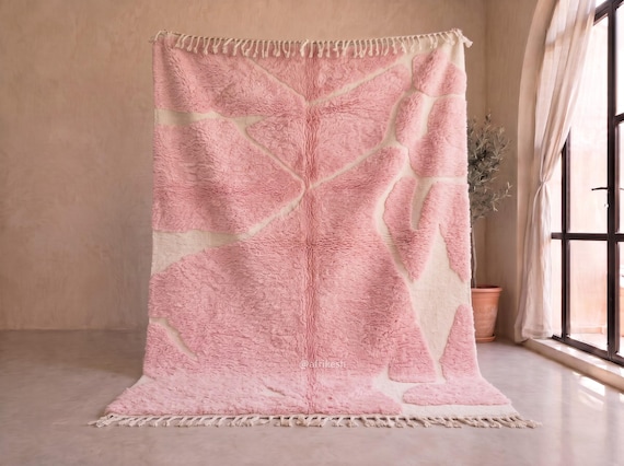 Pinkish Beni Ourain Wool Rug - Hand-tufted Moroccan Rug - Abstract Pattern Berber Area Carpet for Living Room and Bedroom | Afrikesh