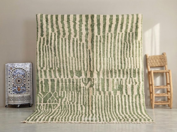 COZY GREEN RUG, Custom Moroccan Rug, Beni Ourain Wool Rug, Berber Area Carpet, Handmade Striped Rug, Luxe Shag Rug for Contemporary Homes