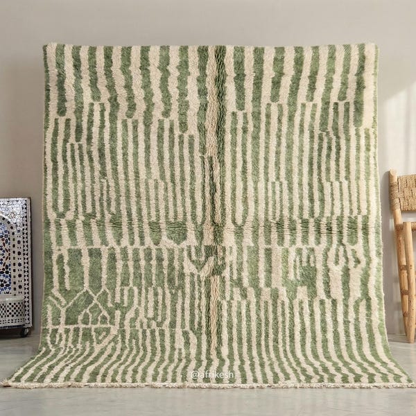 COZY GREEN RUG, Custom Moroccan Rug, Beni Ourain Wool Rug, Berber Area Carpet, Handmade Striped Rug, Luxe Shag Rug for Contemporary Homes