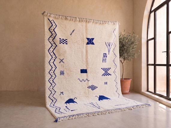 Custom Blue Beni Ourain Tribal Rug - Handmade Moroccan Wool Rug - Ivory Diamond Berber Area Rug for Living Room | Afrikesh