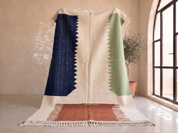 Handwoven Terracotta & Navy Blue Kilim Rug - Flatweave Moroccan Wool Rug - Sage Green Color Block Berber Area Rug for Living Room | Afrikesh