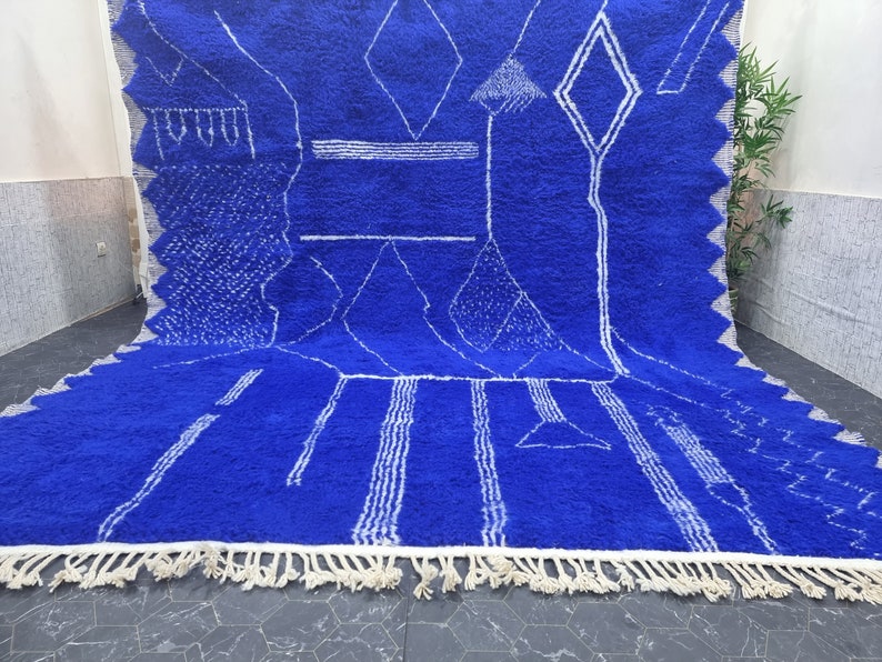 CUSTOM BENIOURAIN CARPET, Moroccan Handmade Rug, Royal Blue And White Rug, Abstract Rug,Handmade Wool Carpet,Azilal Berber Rug,Handwoven Rug image 3