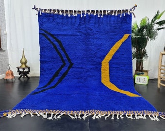 STUNNING MOROCCAN RUG, Blue And Yellow Rug, Beni Ourain Rug, Berber Wool Rug, Handwoven Abstract Rug, Azilal Carpet,  Beniourain Wool Rug.