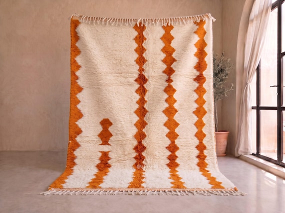 Bright Tangerine and Ivory Beni Ourain Rug - Handmade Moroccan Wool Rug - Orange Diamond Shag Berber Area Rug for Living Room | Afrikesh