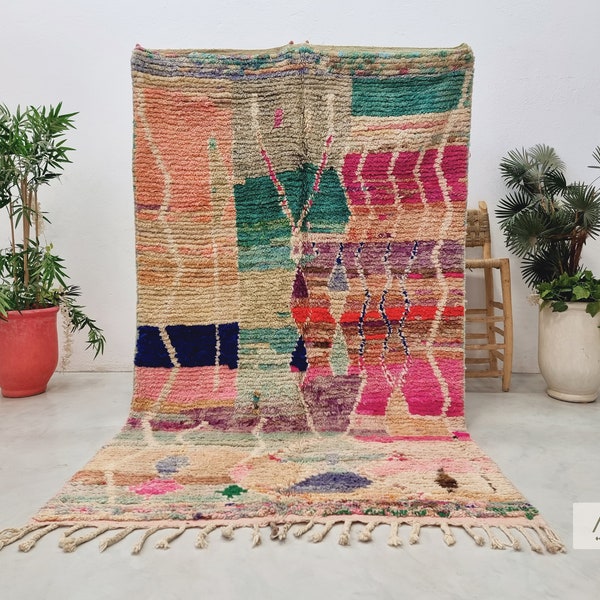 Multicolored BOUJAAD Area RUG, Handmade Abstract Rug, MOROCCAN Pink Rug 5x8, Woven Berber Living Room Rug, Antique Sheep Wool Rug, Boho Rug.