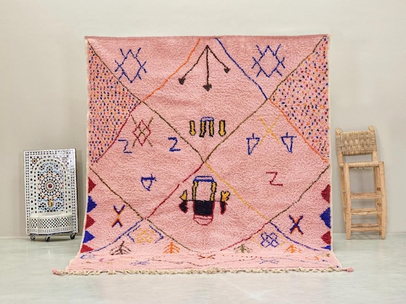 PINK BERBER RUG, Beni Ourain Moroccan Rug, Personalized Wool Rug, Handmade Shag Carpet, Geometric Pattern Area Rug, Soft Artisan Made Rug.