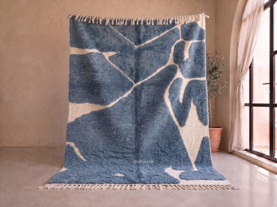 Contemporary Smoke Blue Beni Ourain Rug - Handmade Moroccan Wool Rug - Abstract High Pile Berber Area Rug for Living Room | Afrikesh