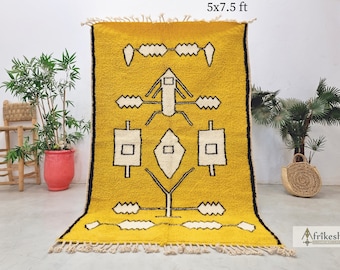 HANDMADE YELLOW RUG 5x7, Chic Moroccan Style Rug, Boho Geometric Living Room Carpet, Woven Beni Ourain Wool Area Rug, Modern Home Decor