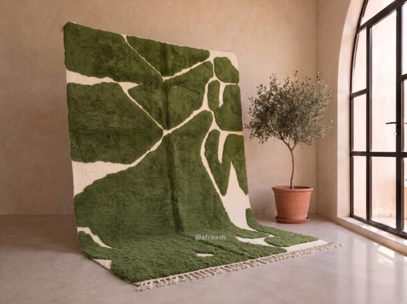 Olive Green Abstract Moroccan Rug – Handmade Beni Ourain Wool Rug – Plush High-Pile Berber Area Rug for Living Room or Bedroom | Afrikesh