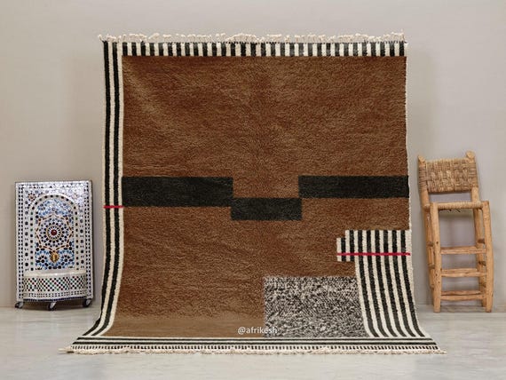 BROWN MOROCCAN RUG, Shaggy Beni Ourain Rug, Berber Wool Carpet, Handcrafted Striped Area Rug, Custom Contemporary Design.