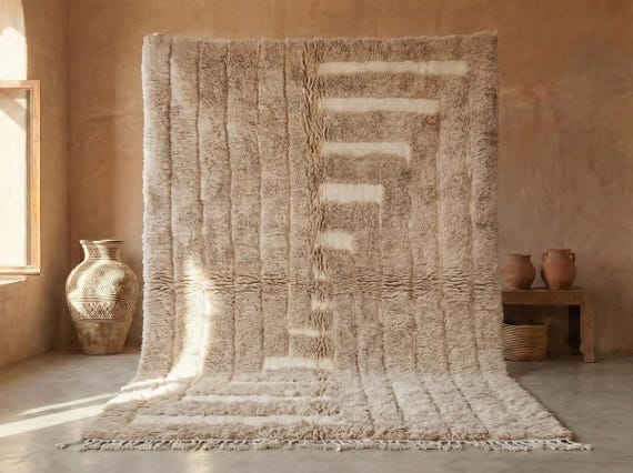 ARTISTIC MOROCCAN RUG, Beni Ourain Shag Rug, Rectangular Tufted Rug, Fluffy Beige Custom Rug, Wool Berber Carpet, Beni Area Rug.