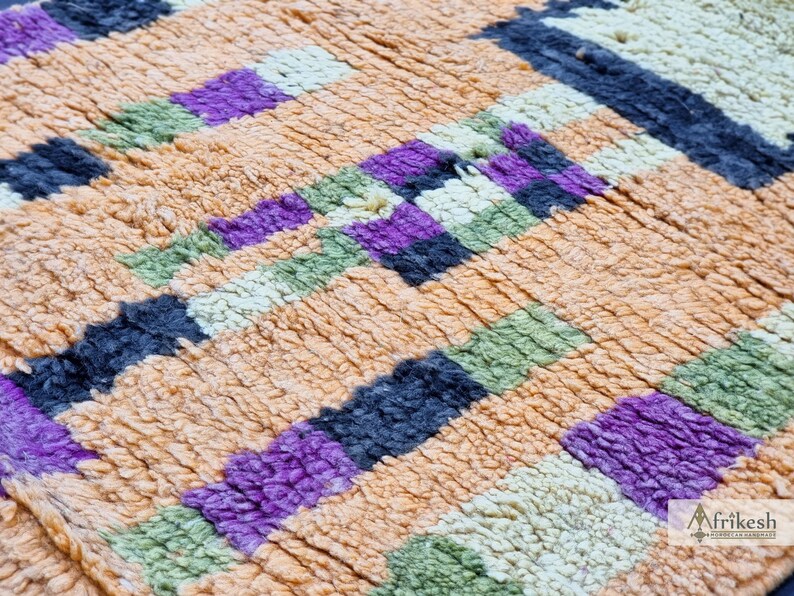 PRETTY BOUJAAD RUG, Moroccan Runner 2x11, Checkered Rug, Berber Rug, Large Orange and Purple Runner, Wool Rug, Handwoven Rug - Afrikesh Rug - One Side Fringes.
Pile Height: 1.5 cm-0.59 inches.