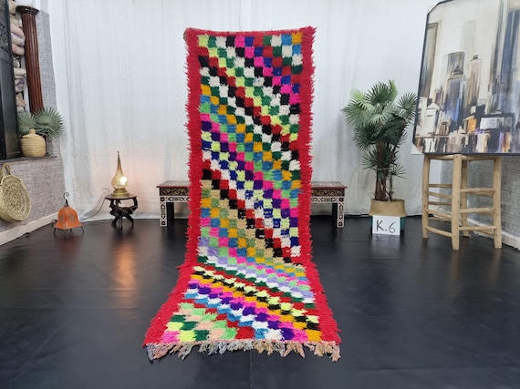 UNIQUE MOROCCAN RUG, Berber Rug, Checkered 3x8 Rug, Handmade Wool & Cotton Rug, Bright Funky Rug, Berber Rug, Bohemian Rug, Tulu Rug