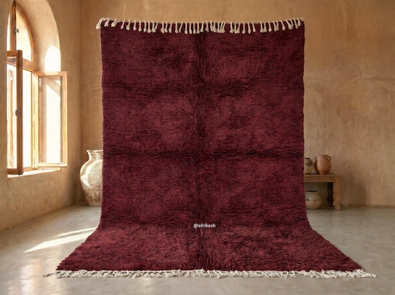 Burgundy Beni Ourain Rug - Handmade Moroccan Wool Rug - Deep Red High Pile Shaggy Berber Area Rug for Living Room and Bedroom | Afrikesh