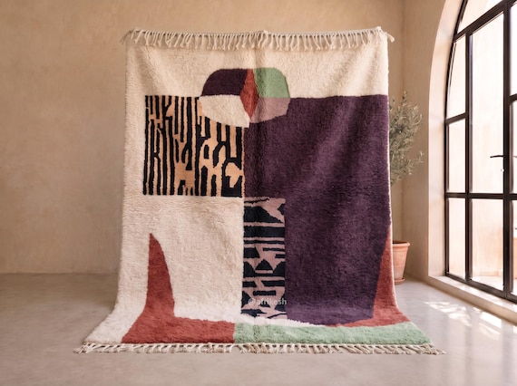 Handmade Beni Ourain Wool Rug – Plum, Terracotta Abstract Berber Area Rug