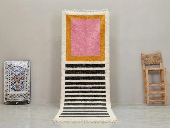 PINK & ORANGE RUNNER, Blush Moroccan Hallway Rug, Handwoven Wool Runner, Custom Beni Ourain Rug, Berber Entry Carpet With Black Stripes.