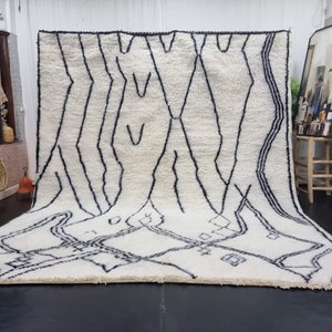Marokkanischer Wollteppich, Handgemachter weißer Teppich, Beni Ourain Teppich, Marokkanischer Wollteppich, weißer und schwarzer Teppich, Handgewebte Winterteppich