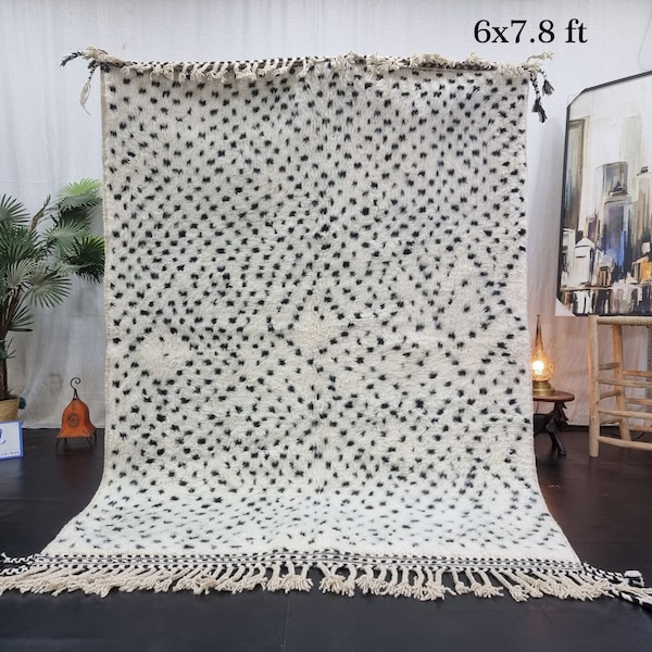 PLUSHY BENIOURAIN RUG, Moroccan Handmade Rug 6x7, White & Black Rug, Dotted Rug, Berber Rug, Wool Rug, Handwoven Rug, Area Rug, Boho Rug