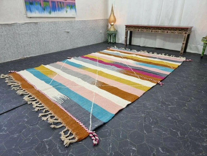 TAPPETO KILIM UNICO, tappeto a tessitura piatta, tappeto tessuto Kilim, tappeto colorato, tappeto geometrico personalizzato, tappeto ad area, tappeto marocchino, tappeto in lana intrecciata a mano, tappeto Funky immagine 4