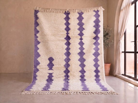 Purple Diamond Beni Ourain Rug - Handmade Moroccan Wool Rug - Lavender and Ivory Plush Shag Berber Area Rug for Living Room | Afrikesh