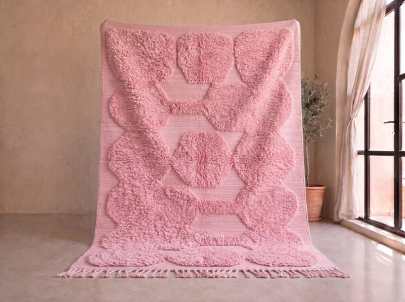 Soft Blush Pink Beni Ourain Rug - Handmade Moroccan Wool Rug - Tufted Shaggy Berber Area Rug for Bedroom and Living Room | Afrikesh