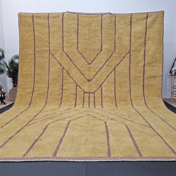 GORGEOUS MOROCCAN RUG, Custom Handmade Berber Rug, Yellow and Brown Beni Ourain Rug, Handwoven Striped Rug, Unique Wool Area Rug.