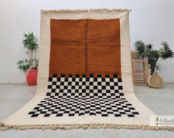 Tapis à carreaux personnalisé, tapis Beni Ourain noué à la main, tapis berbère marocain marron et noir, tapis fait main en laine, tapis de salon marocain