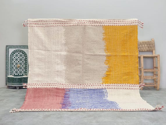 COLORFUL KILIM RUG 6x8, Handmade Moroccan Rug, Flatweave Berber Carpet, Zanafi Wool Rug, Striped Yellow & Blue Rug, Authentic Floor Rug.