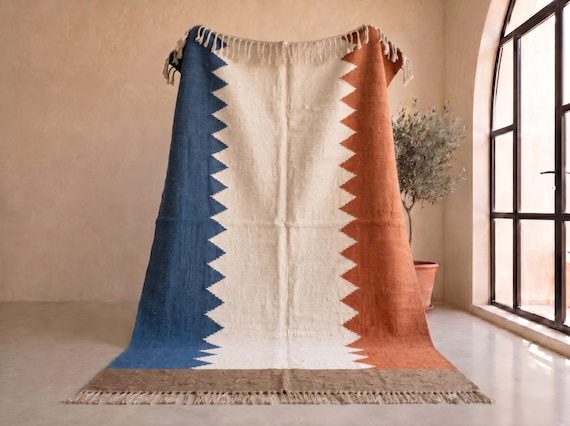Chic Blue and Terracotta Zigzag Kilim Rug - Handmade Moroccan Wool Rug - Colorblock Flatweave Berber Rug for Living Room | Afrikesh