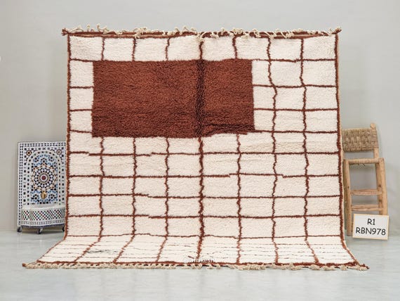 STYLISH GRID RUG 8x9, Handmade Moroccan Rug, Beni Ourain Wool Rug, Authentic Berber Shag Carpet, Contemporary White and Brown Area Rug.